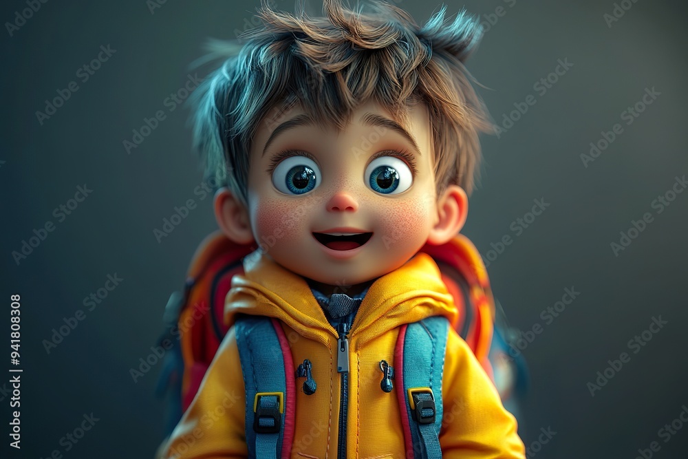 3D kid with a colorful backpack, wide eyes, and an excited expression 3D kid with a colorful backpack, wide eyes, and an excited expression