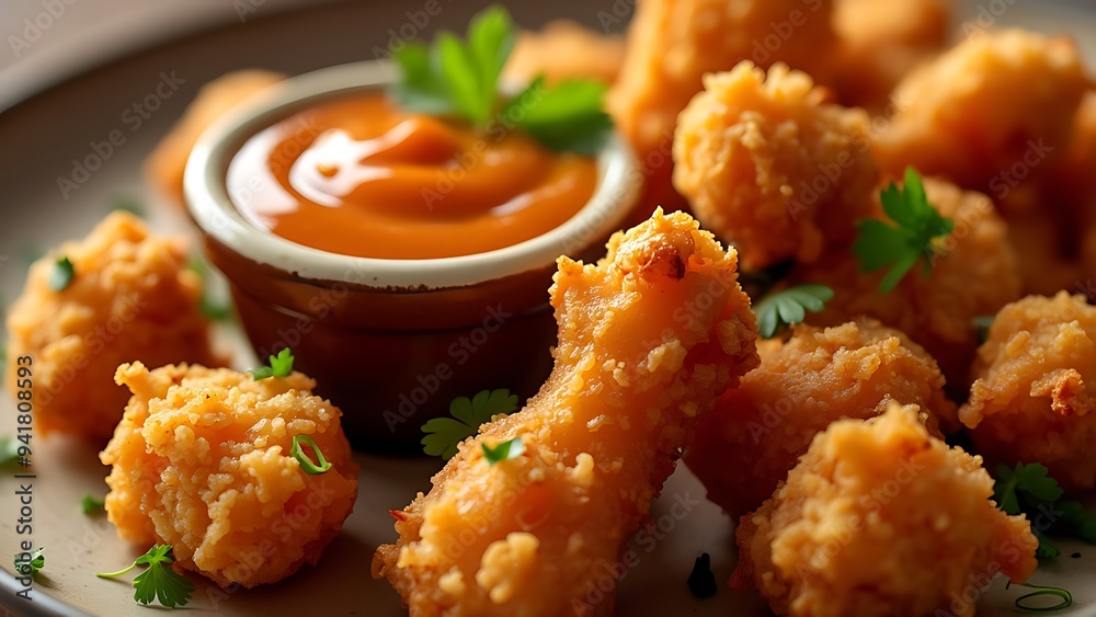 Closeup of crispy fried chicken bites with dipping sauce. Closeup of crispy fried chicken bites with dipping sauce.