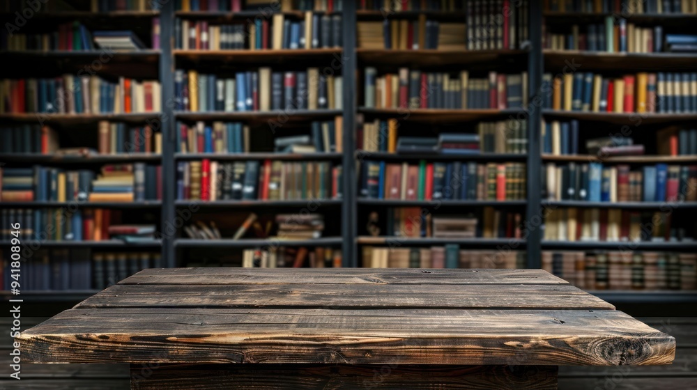 Empty wooden table in front of a wall of bookshelves. Empty wooden table in front of a wall of bookshelves.