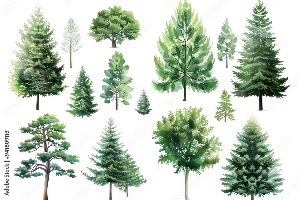 Fototapeta premium A set of colorful trees painted in watercolor style on a white background