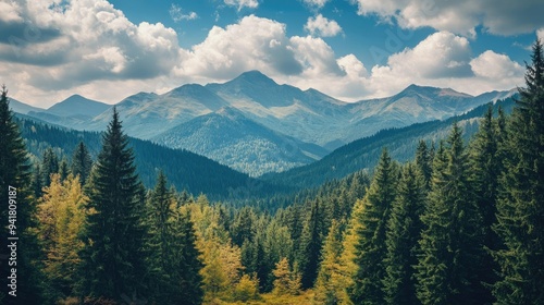 The beautiful peaks of the Carpathian Mountains in Romania, with ample space for text in the surrounding forests