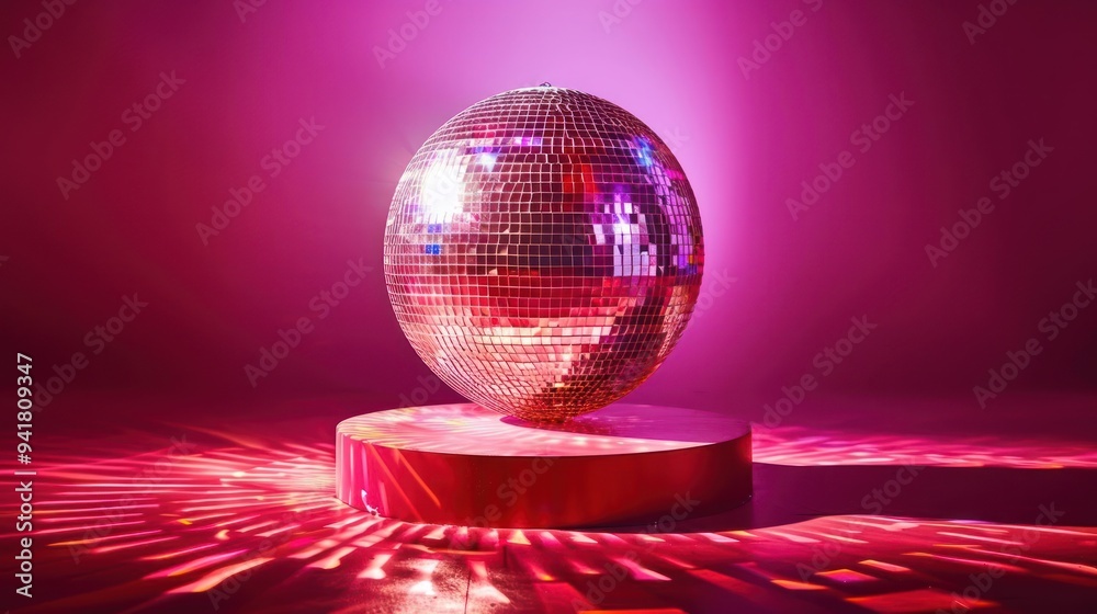 © Tina - A disco ball on a red podium against a pink background with a reflection of light.