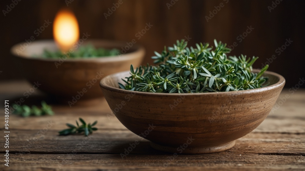 Rustic ceramic bowls with herbs on a wooden table. Rustic ceramic bowls with herbs on a wooden table.