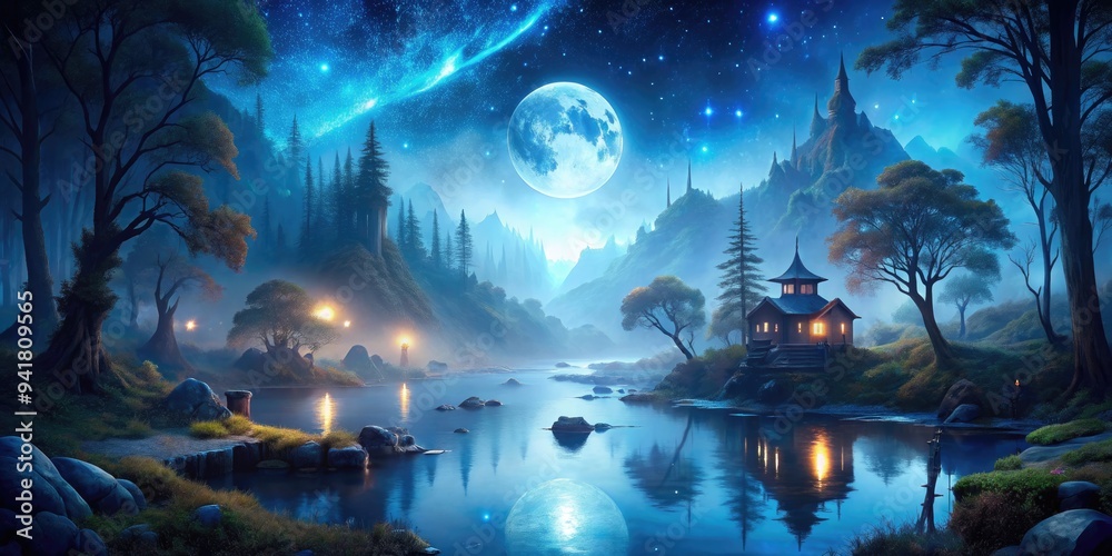 Fototapeta premium Midnight Reverie: Atmospheric, dreamy, deep blue, mystical, nocturnal