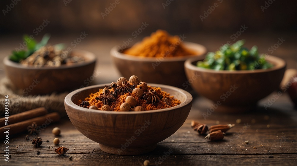 Rustic Spice Bowls with Ingredients on Wooden Table. Rustic Spice Bowls with Ingredients on Wooden Table.