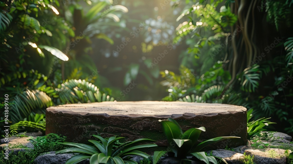 Stone platform in a lush green jungle with sunrays shining through the leaves. Stone platform in a lush green jungle with sunrays shining through the leaves.