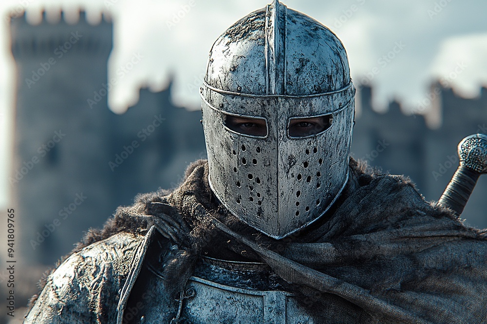 3D male knight in armor, scarred face, holding a sword, castle in the distance 3D male knight in armor, scarred face, holding a sword, castle in the distance