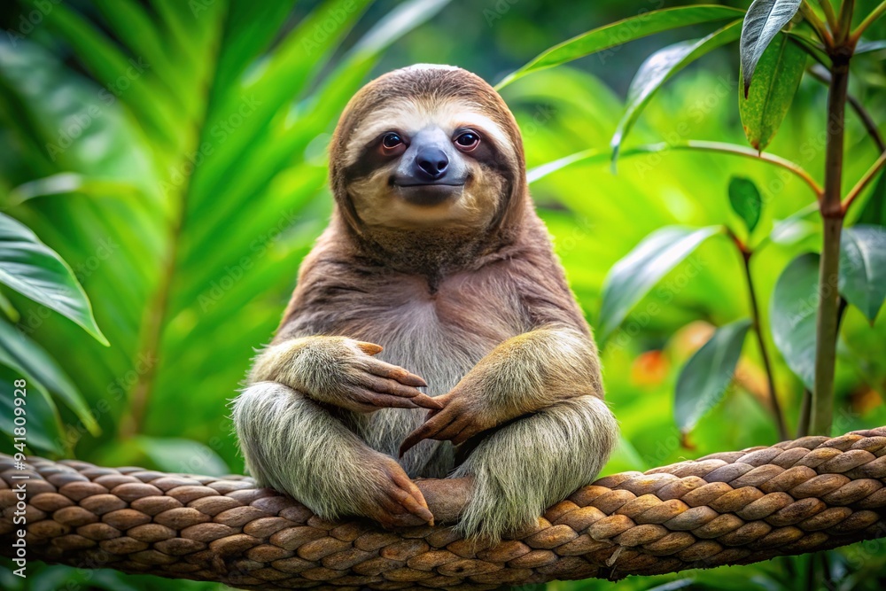 Naklejka premium A serene sloth sits cross-legged on a branch, its claws clasped together in a gentle gesture of respect, surrounded by lush green foliage.