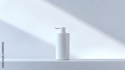 Minimalist Soap Dispenser: A simple, white soap dispenser with a clean design, centered on a white background, with soft lighting to enhance its form. 