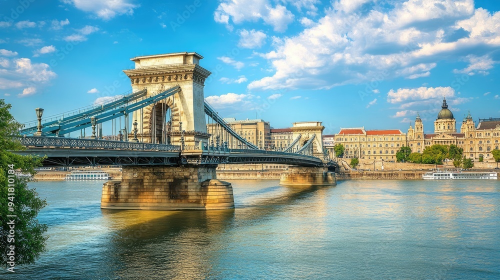 Obraz premium The historic Chain Bridge in Budapest, with ample copy space in the surrounding water and sky
