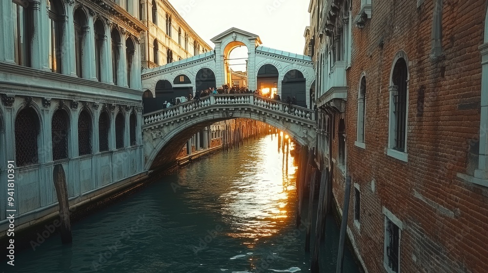 The historic Ponte Sospiri in Venice, with open space for text in the canal below The historic Ponte Sospiri in Venice, with open space for text in the canal below