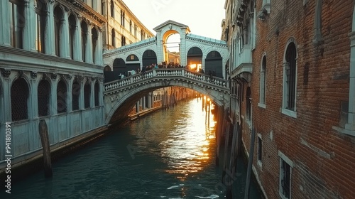 The historic Ponte Sospiri in Venice, with open space for text in the canal below