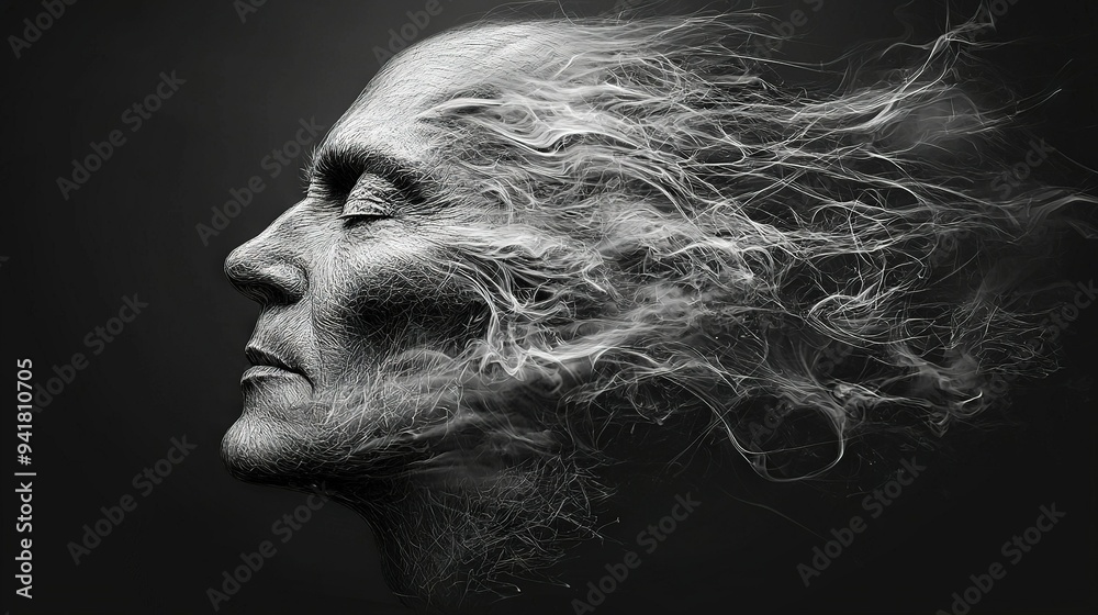 A monochrome image of a woman's face with flowing hair against a dark background A monochrome image of a woman's face with flowing hair against a dark background