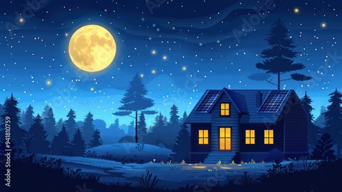 Wallpaper Mural A cozy cabin with solar panels on the roof illuminated by a full moon and stars in the night sky. Torontodigital.ca