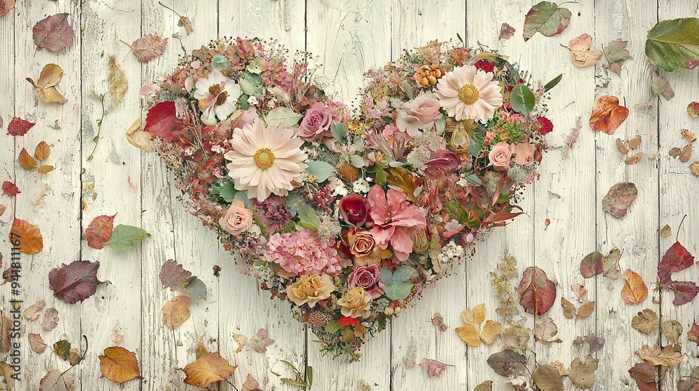 Heart-shaped bouquet of colorful flowers on white wooden background with scattered leaves Heart-shaped bouquet of colorful flowers on white wooden background with scattered leaves