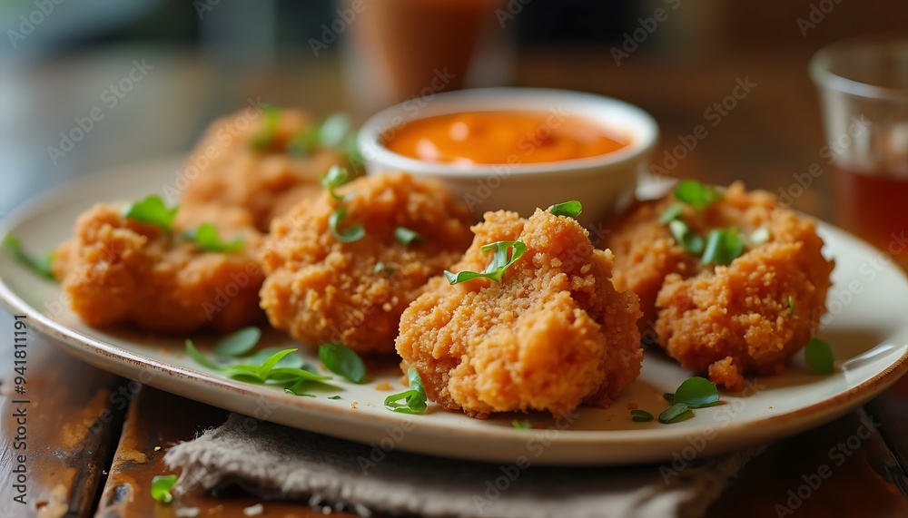 Closeup of crispy fried chicken bites with dipping sauce. Closeup of crispy fried chicken bites with dipping sauce.