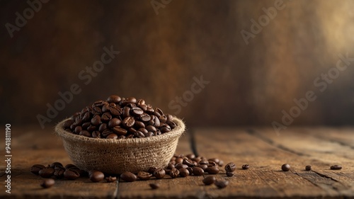 Sack of Coffee Beans on Rustic Wooden Table.