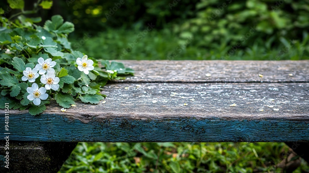 A close-up of a wooden bench with flowers blooming from its center and lush grass surrounding it A close-up of a wooden bench with flowers blooming from its center and lush grass surrounding it