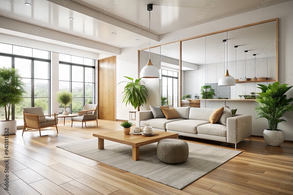 Minimalist Haven: Clean lines, white walls, large mirrors, natural materials, open floor plan Minimalist Haven: Clean lines, white walls, large mirrors, natural materials, open floor plan