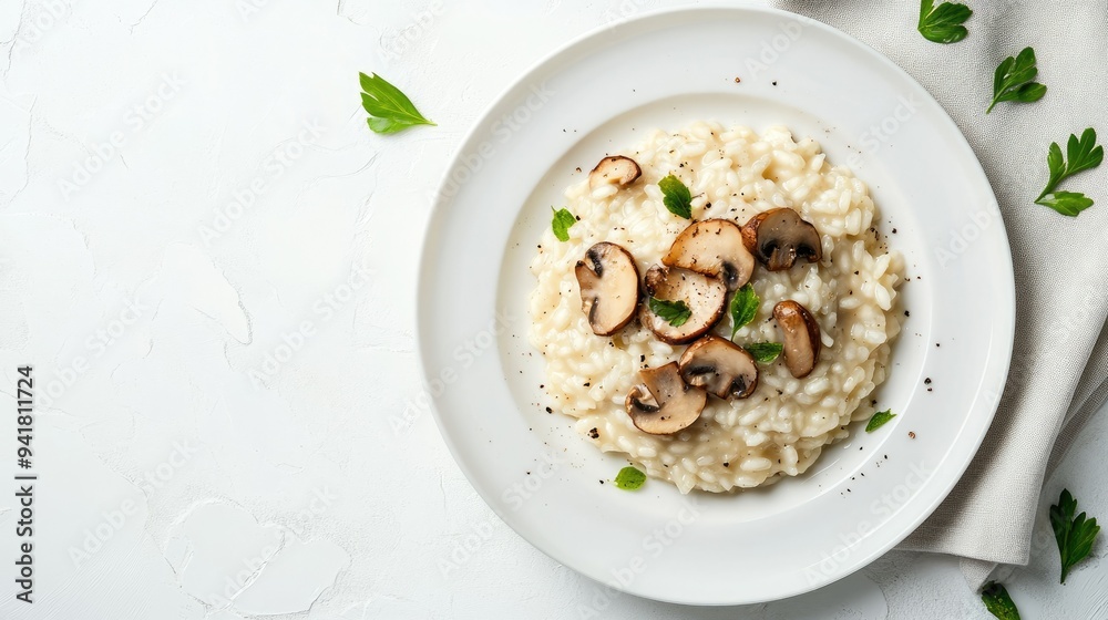 Flat lay of Italian risotto with mushrooms on a white plate, with room for copy space. Flat lay of Italian risotto with mushrooms on a white plate, with room for copy space.