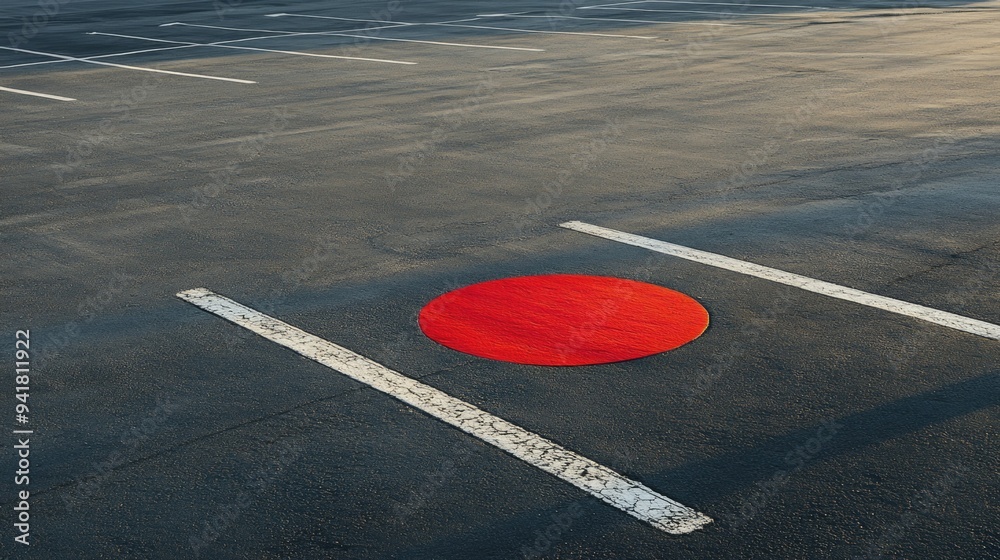 Red round object lies on worn asphalt surface of parking lot. Urban, minimalistic background, concept of simplicity, discrimination Red round object lies on worn asphalt surface of parking lot. Urban, minimalistic background, concept of simplicity, discrimination