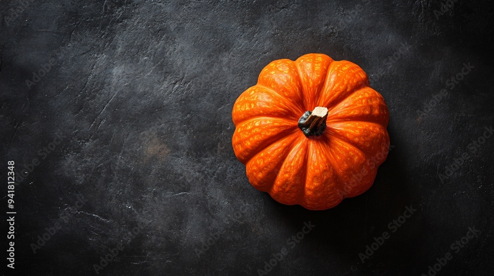 A dark charcoal surface featuring a single bright orange pumpkin, the texture and color standing out vividly A dark charcoal surface featuring a single bright orange pumpkin, the texture and color standing out vividly