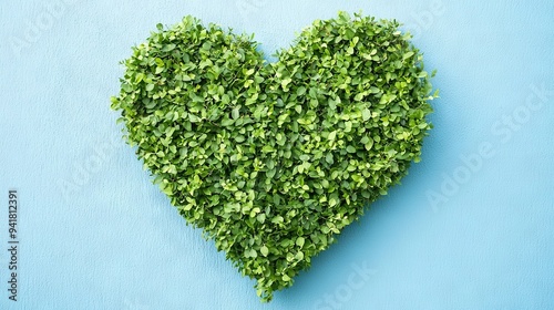  A heart-shaped boxwood plant on a blue background with space for the word love written in the center
