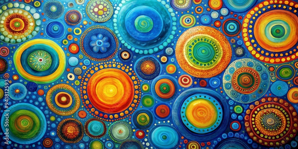 Cosmic Circles A Vibrant Symphony of Color and Form, Oil on Canvas, Abstract Art, Blue and Yellow, Circles, Pattern, Psychedelic Cosmic Circles A Vibrant Symphony of Color and Form, Oil on Canvas, Abstract Art, Blue and Yellow, Circles, Pattern, Psychedelic
