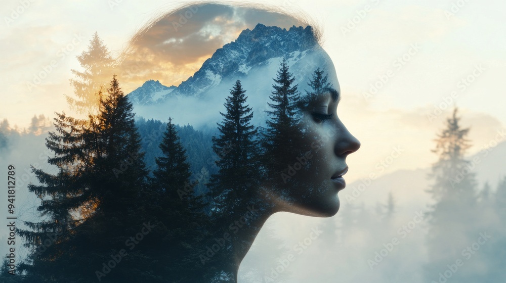 A woman's face is shown in a forest with trees surrounding her A woman's face is shown in a forest with trees surrounding her