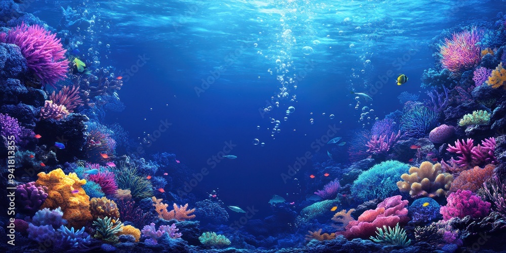 Fototapeta premium Vibrant Coral Reef with Fish and Bubbles in Clear Blue Water
