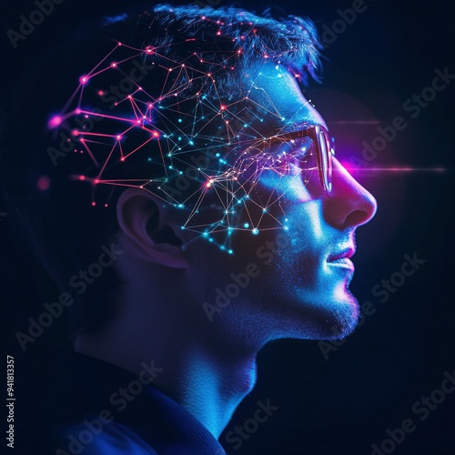 Concepto futurista de inteligencia artificial con conexiones neuronales brillantes sobre la cabeza de un hombre, destacando tecnología y redes digitales photo