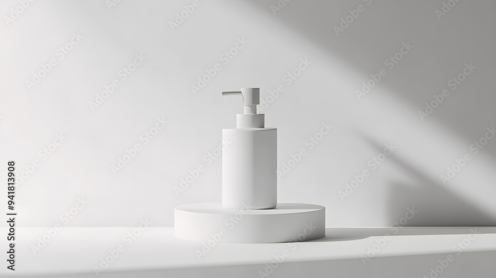 Obraz premium Minimalist Soap Dispenser: A simple, white soap dispenser with a clean design, centered on a white background, with soft lighting to enhance its form. 