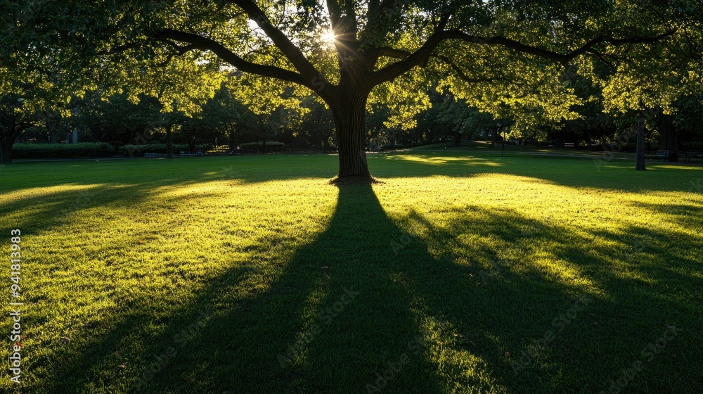 The shadow of a towering oak tree stretching across a sunlit park, leaving ample room for text The shadow of a towering oak tree stretching across a sunlit park, leaving ample room for text