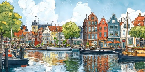 Vibrant Waterfront Cityscape of Iconic Dutch Architecture and Boats photo