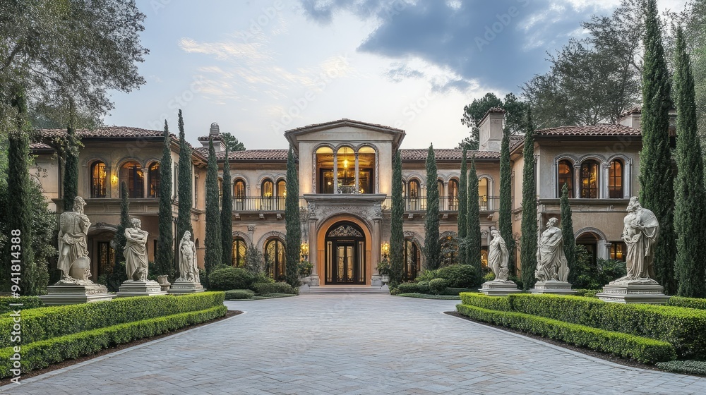 Fototapeta premium Opulent European mansion with a grandiose copy floor and a driveway lined with ancient statues.
