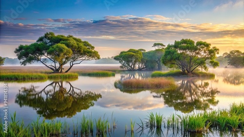 Misty dawn breaks over serene coastal wetland, with lush green marsh grasses and twisted mangrove trees reflecting in calm, mirror-like waters.