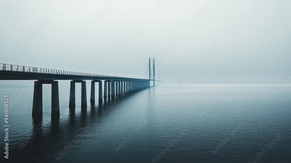 Obraz premium The spectacular Bridge connecting Sweden and Denm with open space for text in the sea