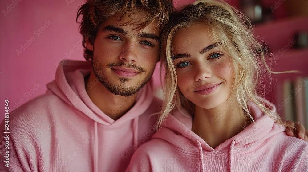 happy young couple posing in hoodie over pink background fashion studio portrait.illustration