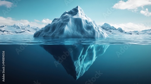 3D iceberg floating in the ocean, its tip above water and a massive submerged structure below. The metaphorical visual suggests hidden success.