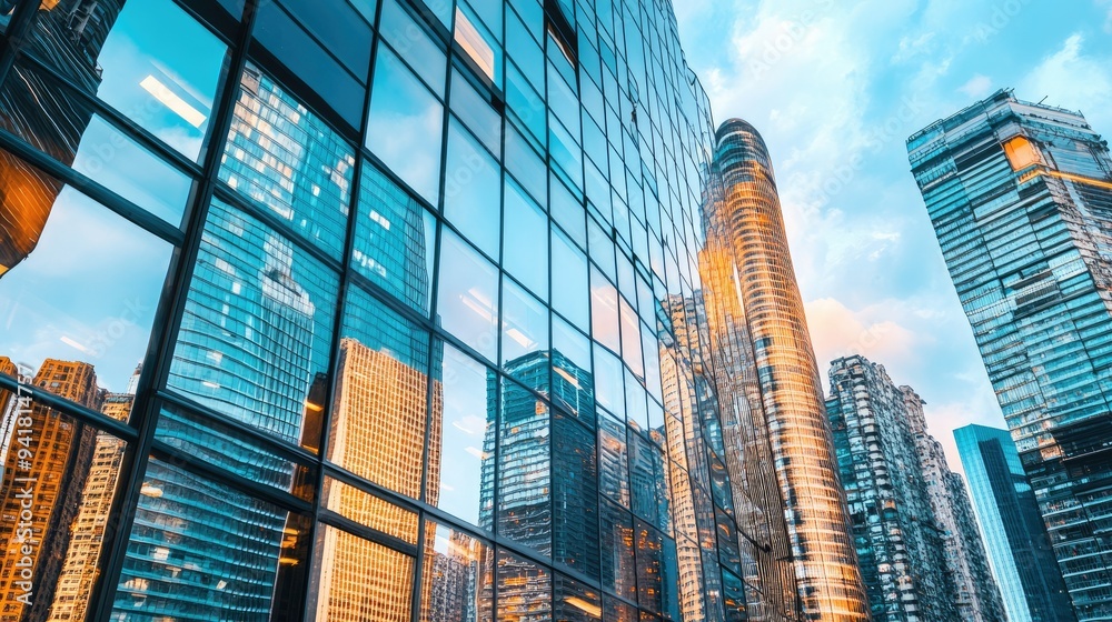 Close-up of a high-rise building glass panels reflecting the cityscape and surrounding architecture Close-up of a high-rise building glass panels reflecting the cityscape and surrounding architecture