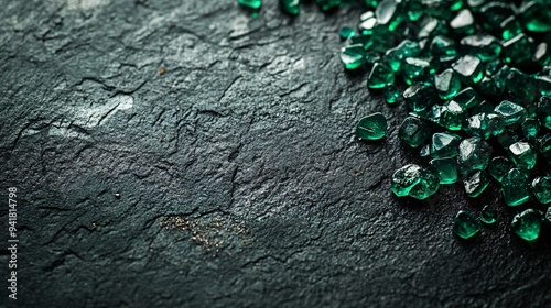 A dark charcoal surface with scattered emerald green glass beads, their glossy surfaces reflecting faint light photo