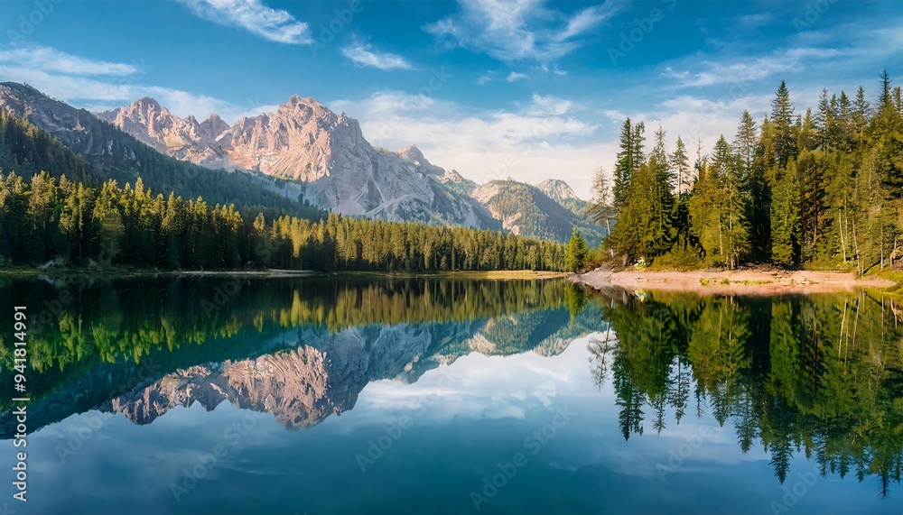 Beautiful Landscape with Mountains and Trees Reflected in Still Water. Beautiful Landscape with Mountains and Trees Reflected in Still Water.