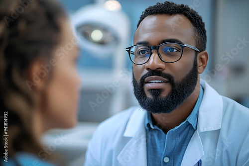 A surgeon in medicine cabinet carefully examining a patient's face, discussing potential procedures