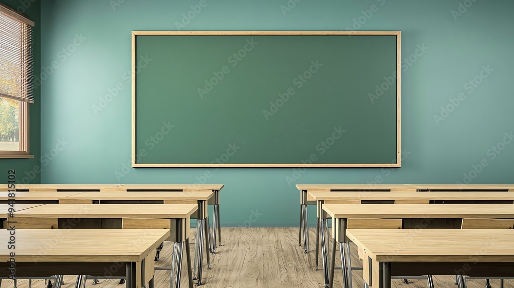 Empty classroom with desks and a large chalkboard. Ideal for education, learning, and school themes. Empty classroom with desks and a large chalkboard. Ideal for education, learning, and school themes.