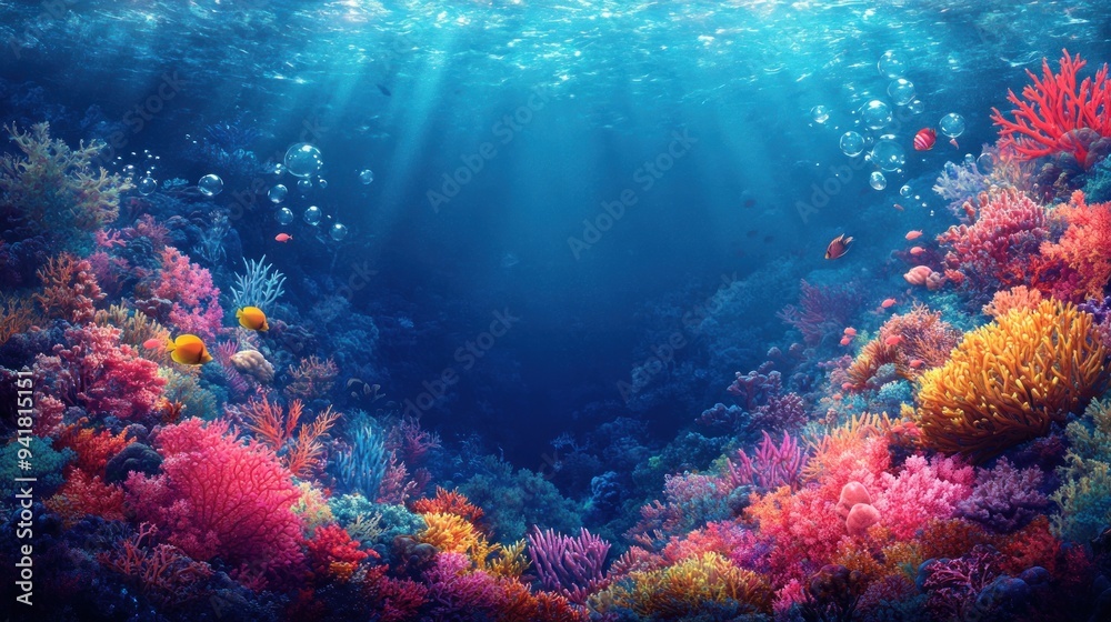 Vibrant Underwater Coral Reef Scene with Sunlight and Fish Vibrant Underwater Coral Reef Scene with Sunlight and Fish