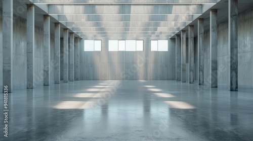 Spacious industrial interior with concrete walls, beams, and natural light streaming through windows, ideal for modern architecture.