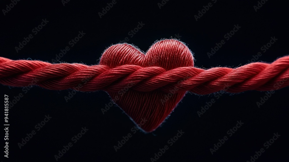 Close-up image of red rope with heart-shaped knot in the center against black background Close-up image of red rope with heart-shaped knot in the center against black background