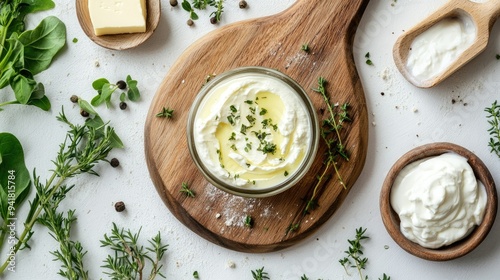 Top view of a cutting board with plant-based cheese, butter, and yogurt, surrounded by herbs, with ample copy space.