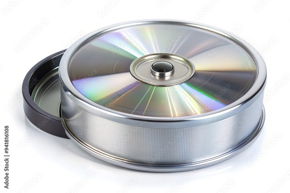 A shiny silver circular music storage medium with a reflective surface and a centered hole, surrounded by a clear plastic casing, against a white background. A shiny silver circular music storage medium with a reflective surface and a centered hole, surrounded by a clear plastic casing, against a white background.