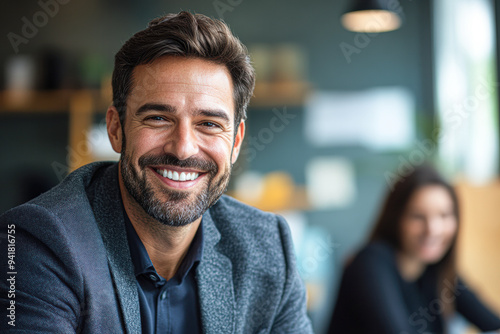 A man with a big smile on his face is sitting in a restaurant